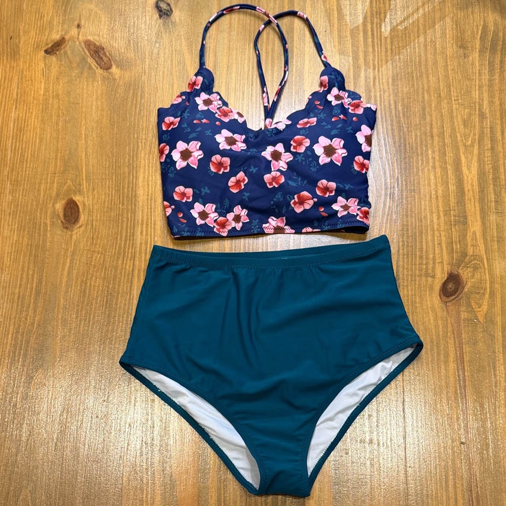 Blue lace back top with pink flowers with green high waisted swim bottoms NWOT